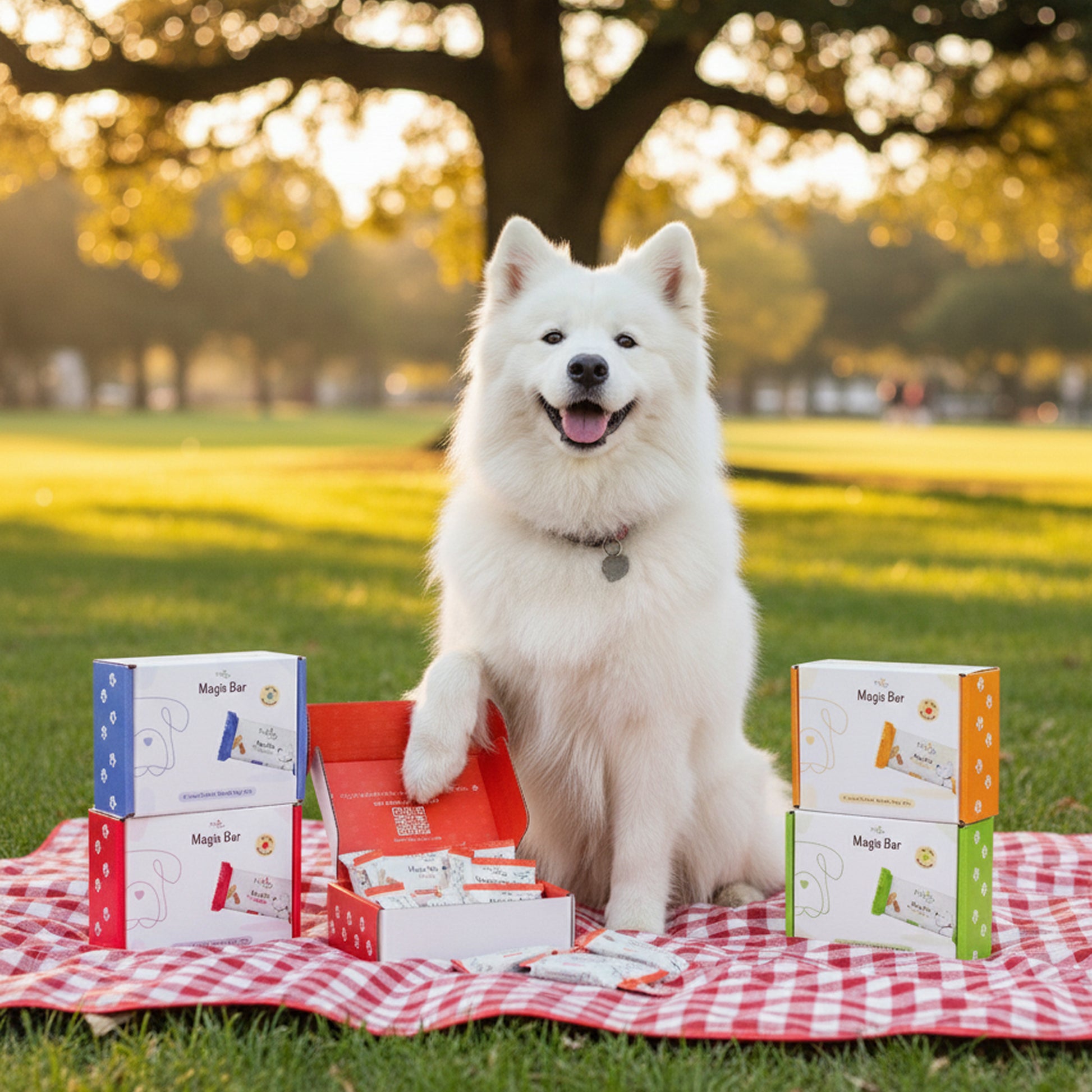 PawCo Magic Bar Variety Box – smiling Samoyed dog sitting on checkered blanket in park with paw on open box and other variety boxes nearby 