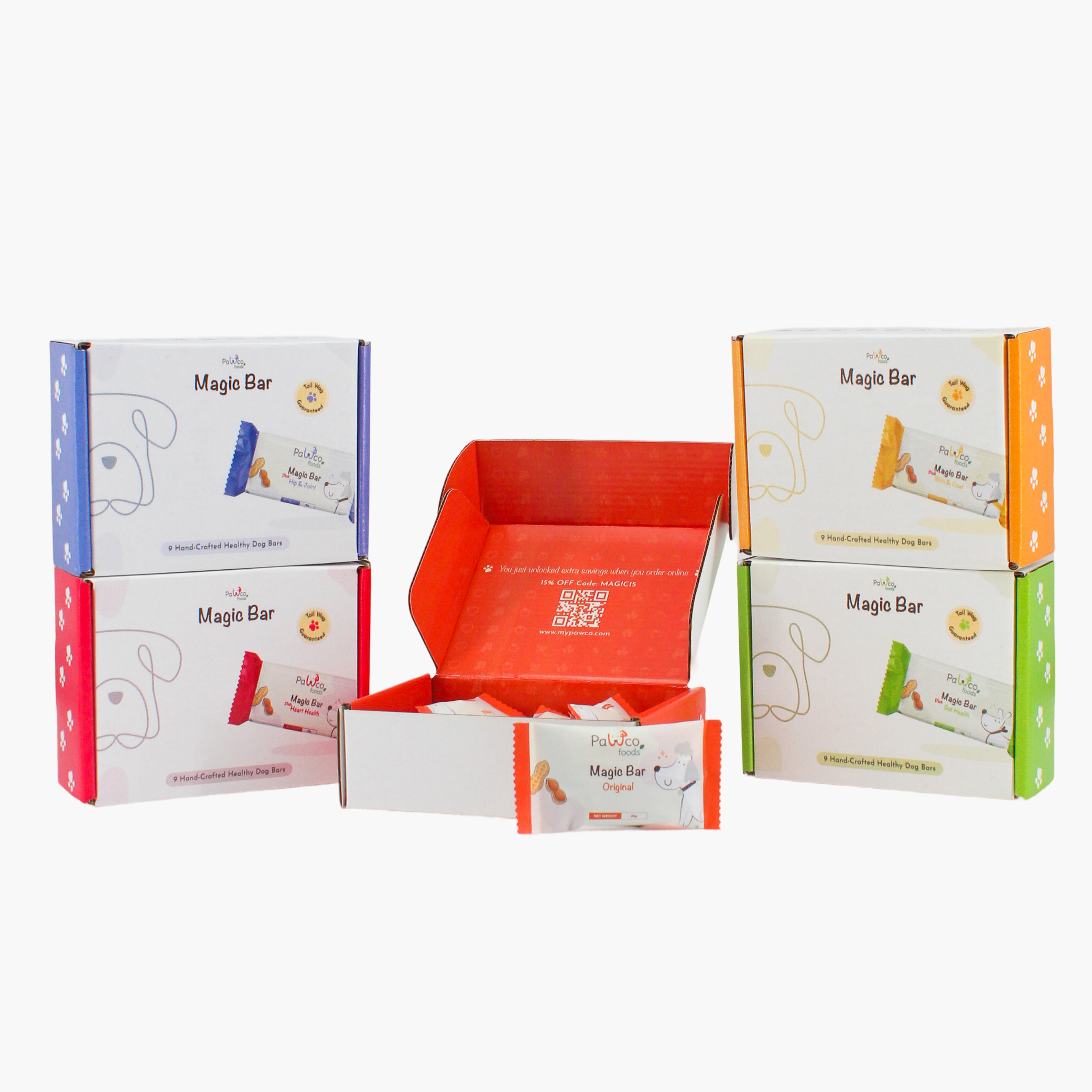 PawCo Magic Bar Variety Box – five boxes with different flavors, one open showing PawCo Magic Bars inside 