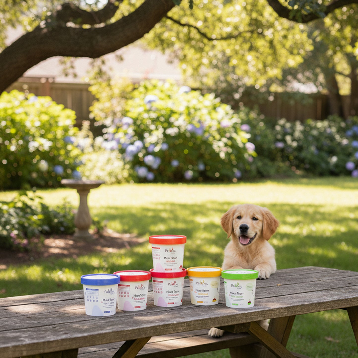PawCo Magic Topper Variety Box – smiling small Labrador sitting on wooden bench with all topper variants displayed 