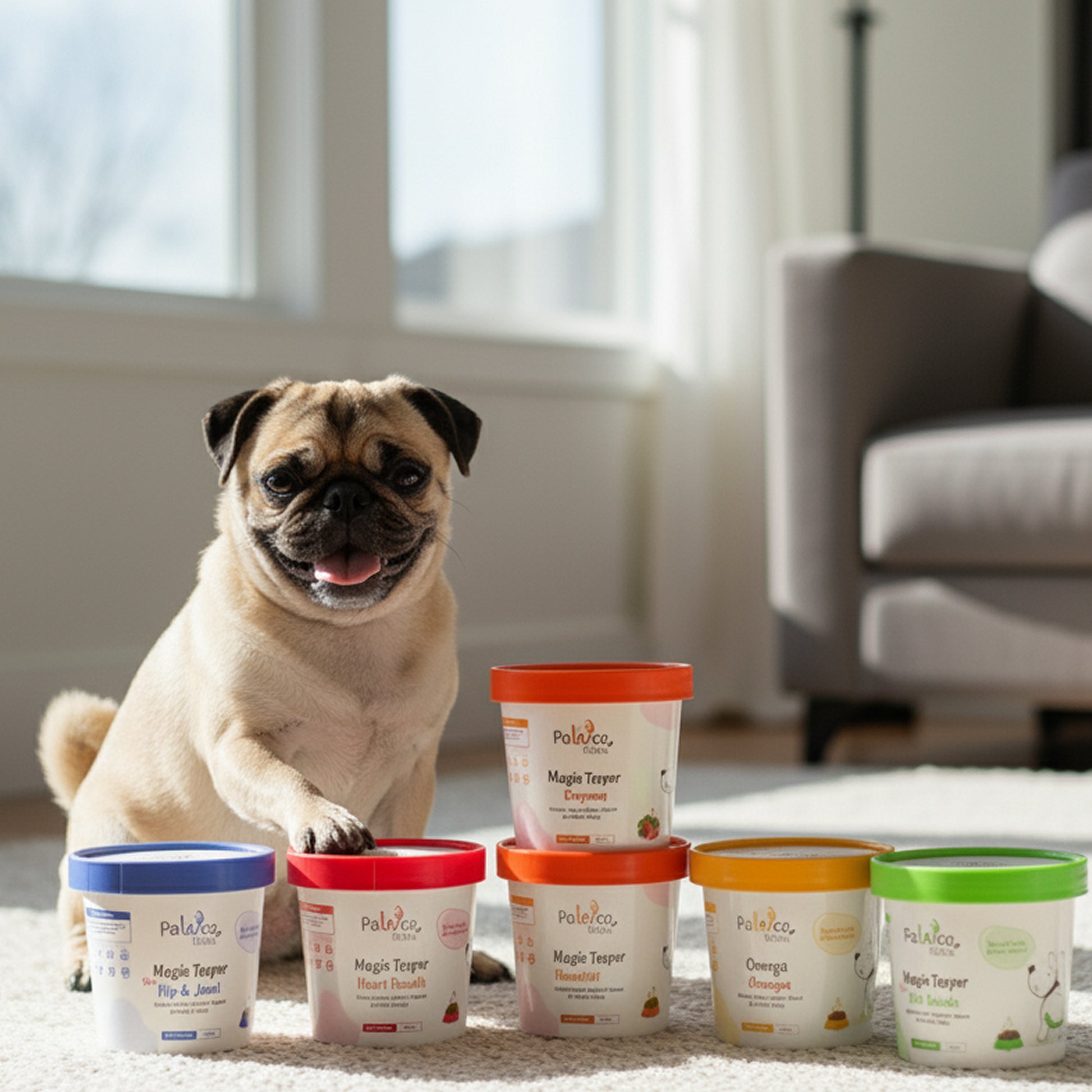 PawCo Magic Topper Variety Box – smiling Pug in living room with paw on container and all topper variants on rug 